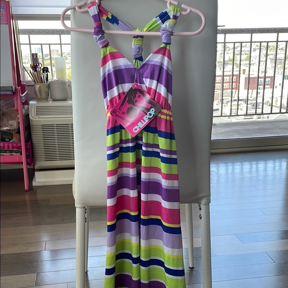 Striped Kids Dress - Purple, Green, White